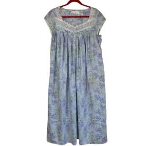 Eileen West Lace Trim Cap Sleeve Midi Length Nightgown Purple Floral Sz M